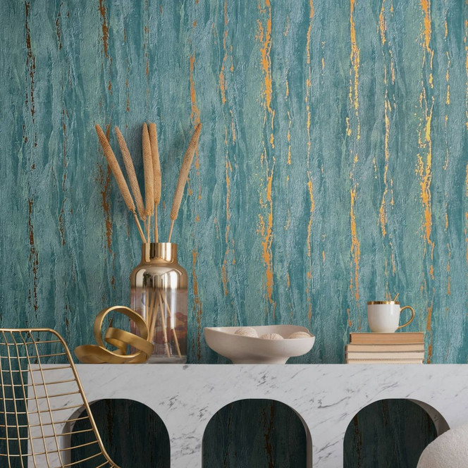 Vliestapete mit glänzender, grober Struktur grün Putzoptik