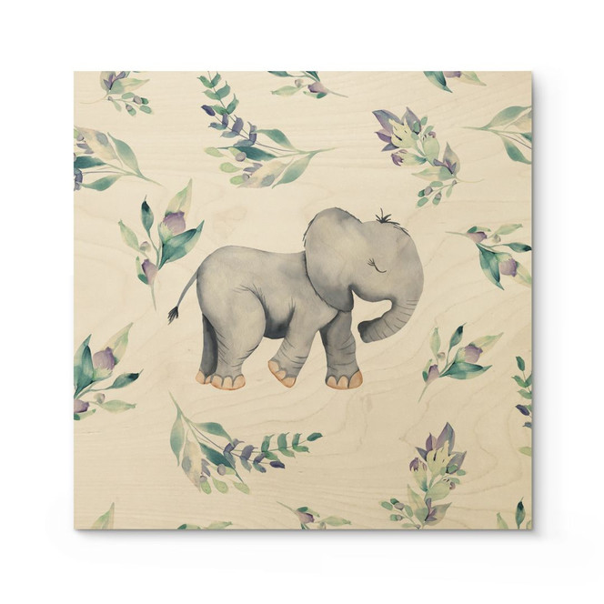 Holzbild Niedlicher Babyelefant zwischen Boho-Zweigen - UN Designs - Quadratisch