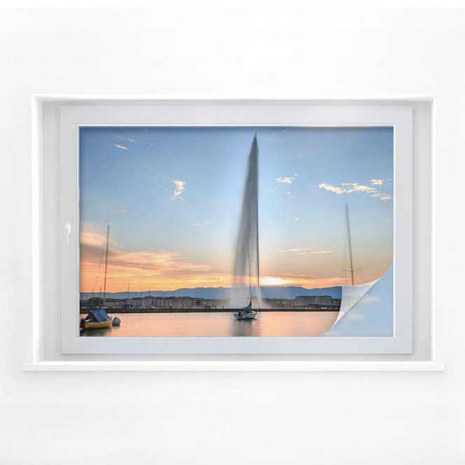 Sichtschutzfolie Wasserfontäne im Genfer Sonnenuntergang