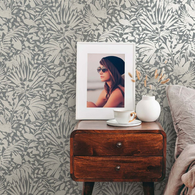 Vliestapete Grau Silber Metallic Tapete Dschungel Blätter Palmen Mustertapete