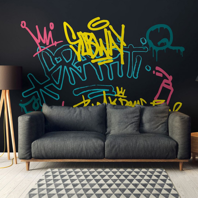 Fototapete Graffiti Subway Schwarz Bunt 3.75 x 2.50 m - Streetart Vliestapete Urban