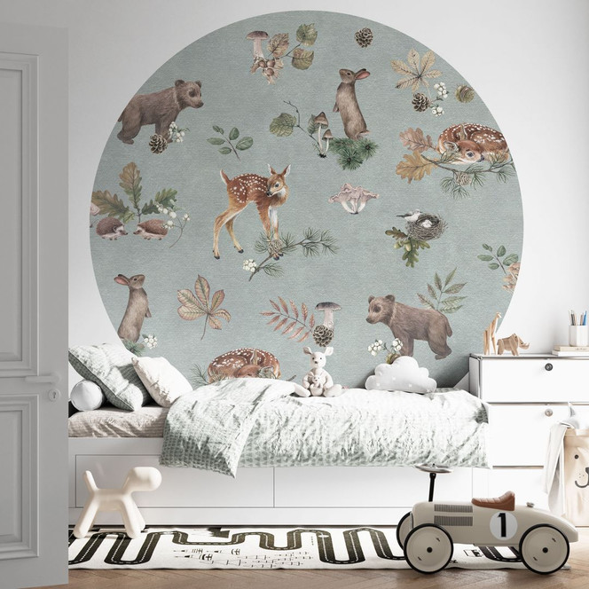 Fototapete Rehkitz und Waldfreunde - Tiere für Kinder - blau - Kikki Belle - Rund - Selbstklebend/Vlies