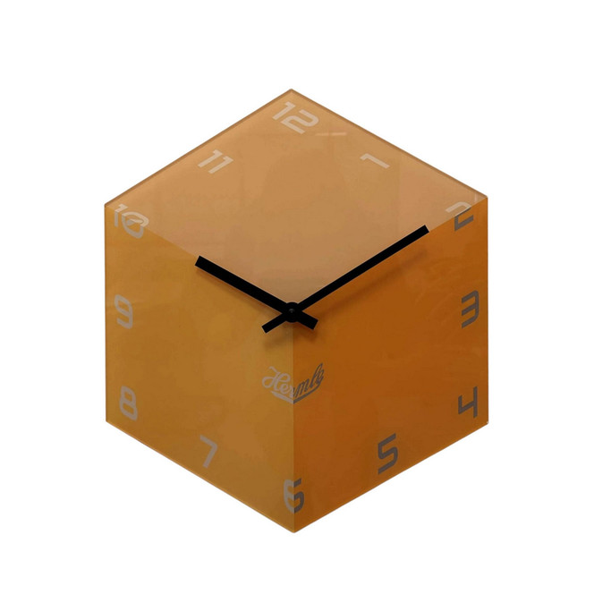 Sechseckuhr 3-D Würfel Gelb mit weissen arabische Zahlen Logo Hermle und MIG