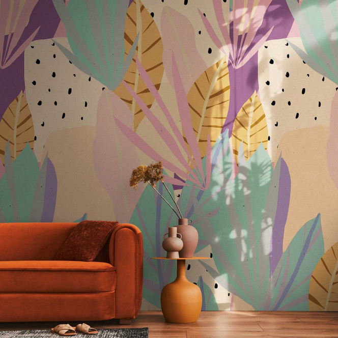 Tropen-Fototapete Pastell Rosa Grün – Dschungel-Tapete mit Blättern – Vliestapete modern
