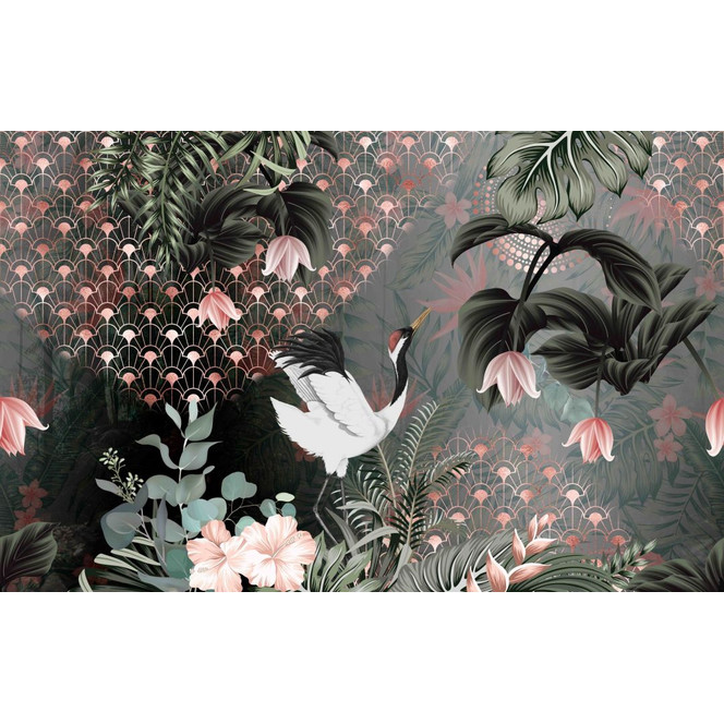Fototapete Bildtapete Kranich im Dschungel mit Art-Déco Muster und Blüten 2.7 x 4.24 m