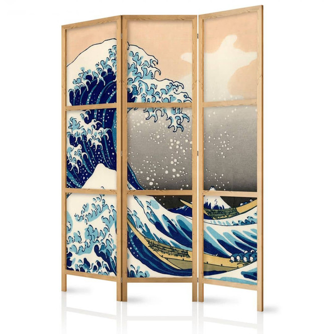 Japanischer Paravent, Raumteiler freistehend, Trennwand - Grosse Welle in Kanagawa