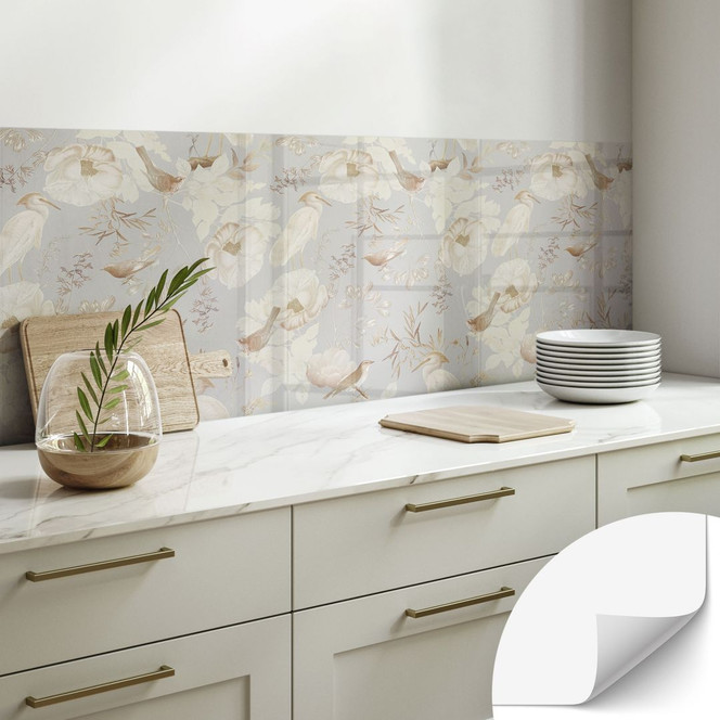 Selbstklebende Küchenrückwand Vögel zwischen weissen Blumen - UN Designs