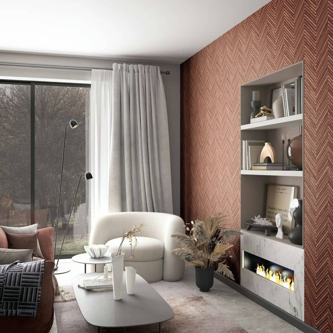 Vliestapete mit Fischgratmuster und Holzoptik rot, braun Holzoptik