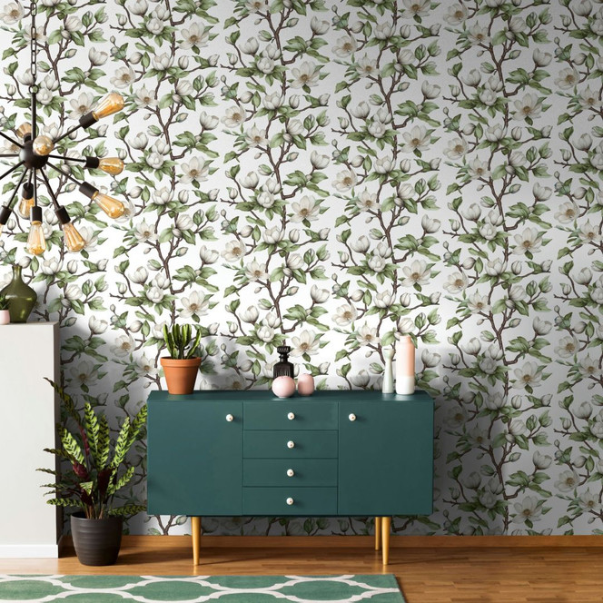 Vliestapete Äste, Blumen Floral Natur Weiss Grün