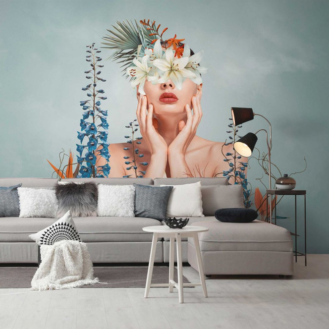 Fototapete Frau mit Blumenmuster Bunt - Vliestapete für modernes Wohnzimmer & Schlafzimmer