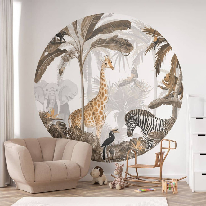 Kinderzimmer Fototapete Kikki Belle - Dschungel Jive - Sepia - Rund - Selbstklebend/Vlies