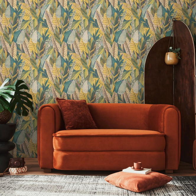 Dschungel-Tapete Gelb Grün – Bunte Blattoptik tropisch – Vliestapete modern