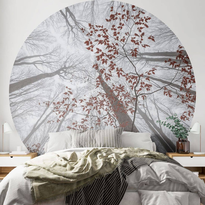 Fototapete Baumkronen mit roten Blättern - Waldtapete Rund - Coman - Selbstklebend/Vlies