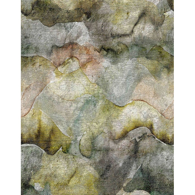 Fototapete Wandtapete mit Motiv Aquarell Berge in Grau und Olivgrün mit Nebel Effekt 2.7 x 2.12 m