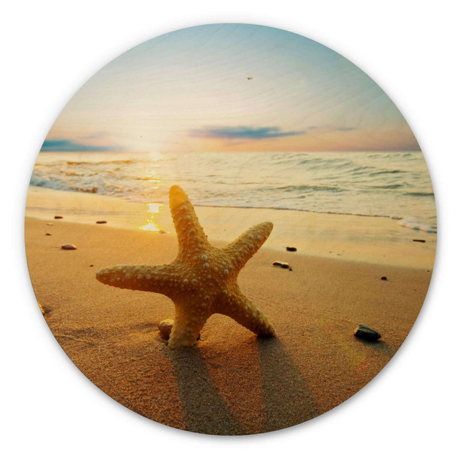 Holzbild Seestern im Sand - Rund