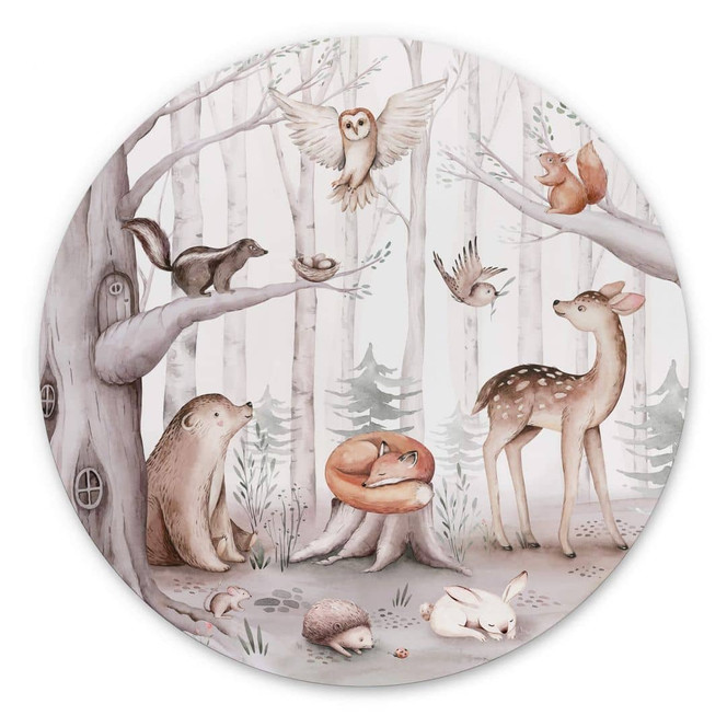 Wandbild Süsse Tiere im Wald Rund - Kvilis - Alu-Dibond