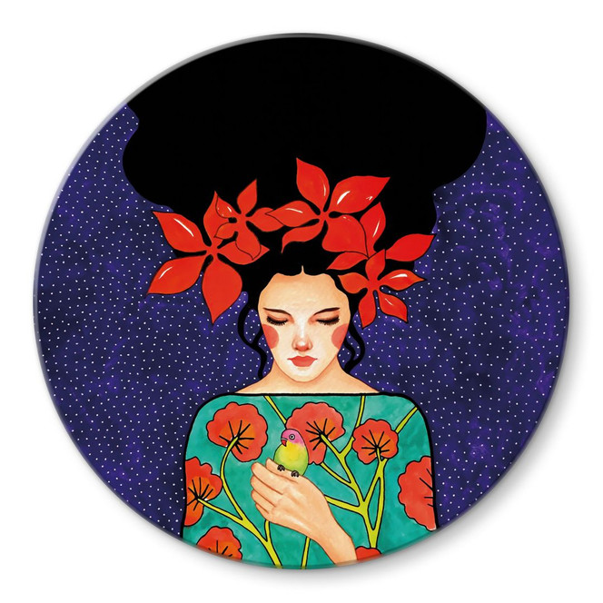 Glasbild Frau mit roter Blütenkrone und Vogel - Hülya - Rund