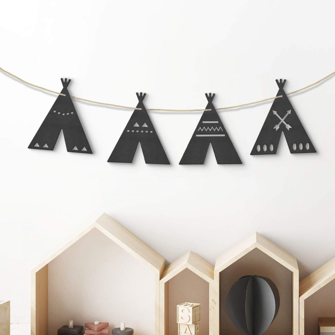 MDF - Holzdeko - Wimpelkette Tipi (4er Set) inkl. Baumwollseil