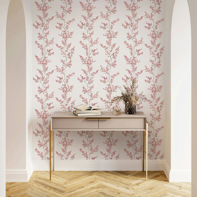 Vliestapete Blätter, Äste Floral Natur matt in Weiss Rot