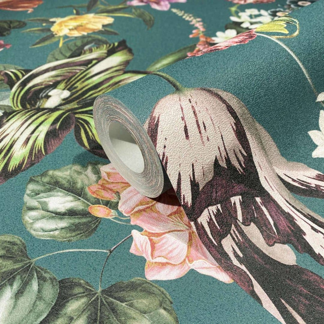 Vliestapete mit Blumenmotiv und Blättern grau, blau Floral