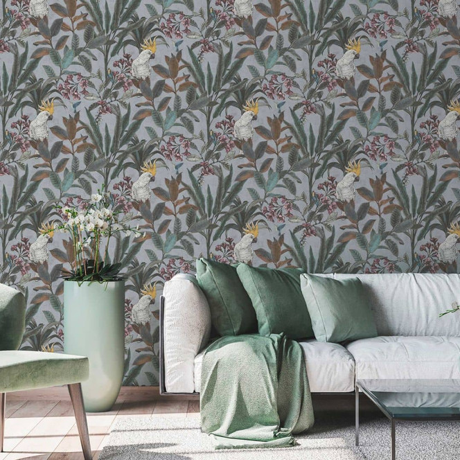 Dschungel-Tapete mit Kakadu - Vliestapete in Lila Grün Gelb - Exotische Mustertapete