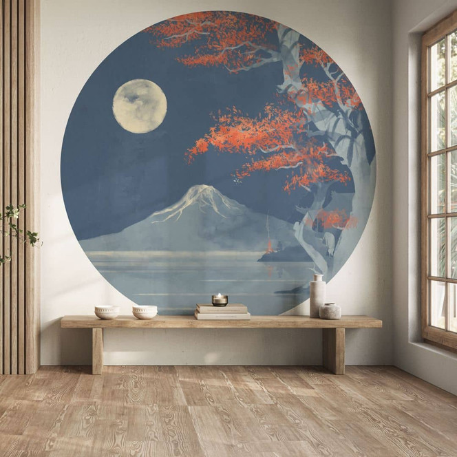 Fototapete Japan - Vollmond über dem Gipfel des Fuji-san - Roze - Rund - Selbstklebend/Vlies