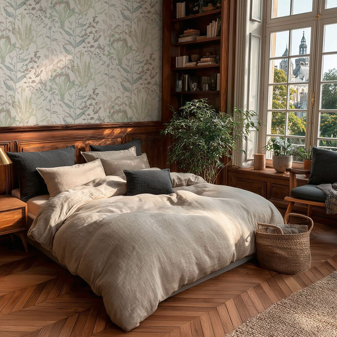 Vliestapete Elodie Maison Botanique grün blau braun - weiss Blätter Gräser Kräuter Wohnzimmer