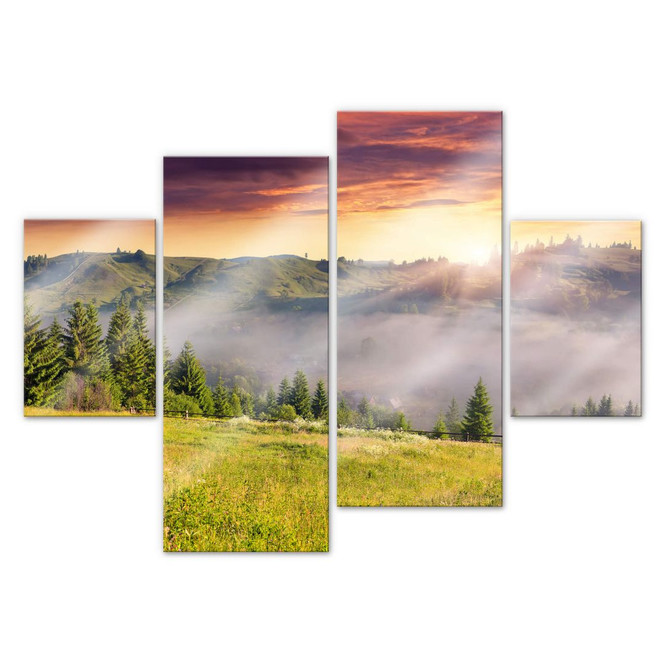 Acrylglasbild Bergtal im Nebel (4-teilig)