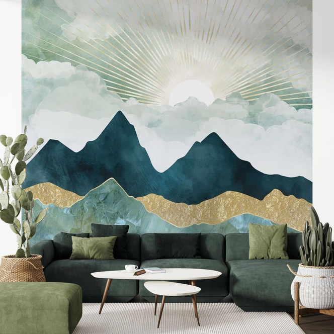 Fototapete Sonnige Landschaft in Blau und Gold - SpaceFrog Designs