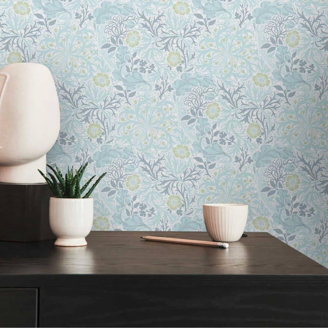 Tapete mit Blumenranken und Blüten Blau Weiss - Blumen-Vliestapete floral