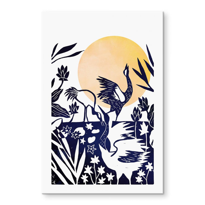 Acrylglasbild Goed Blauw - Linolschnitt Kranich