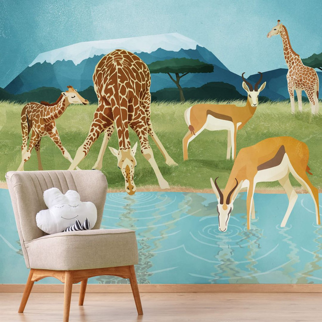 Fototapete Goed Blauw - Tiere am Wasserloch