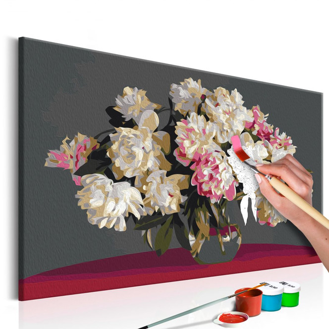 Malen nach Zahlen Leinwandbild - Weisse Blumen in einer Vase - 50 x 40 cm - mit Keilrahmen - bespannt