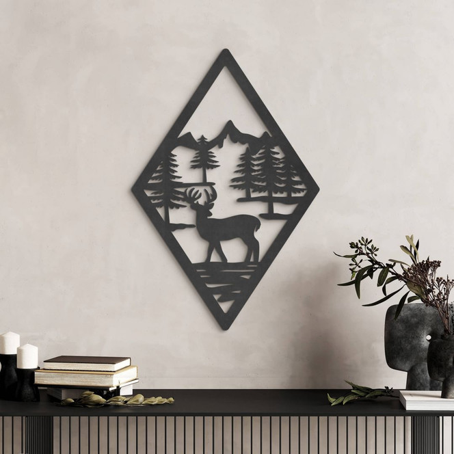 MDF-Holzdeko Hirsch im Wald in Rautenform