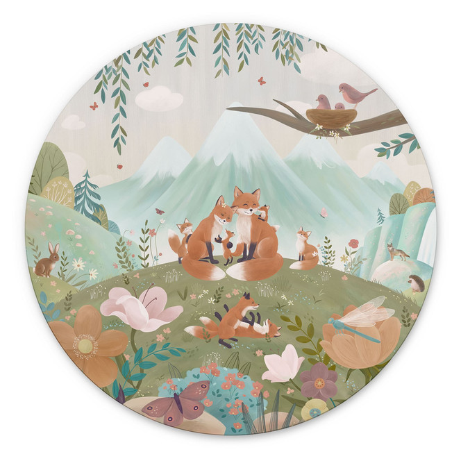 Wandbild Fuchs Familie auf der Blumenwiese - Oliver Robins - Alu-Dibond - Rund