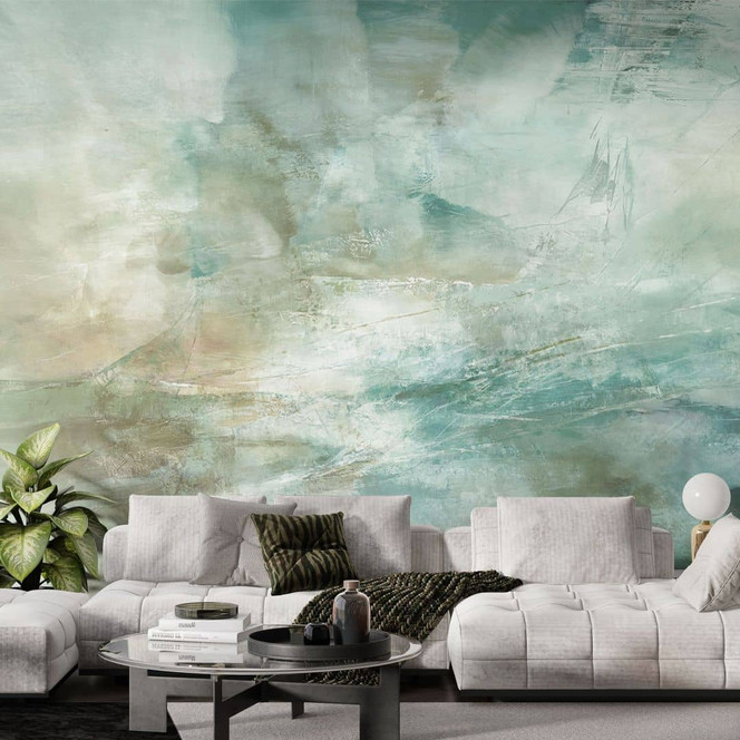 Fototapete Salbeigrünes Nebellicht | Wohnzimmer Tapete mit abstrakter Kunst - Schmucker
