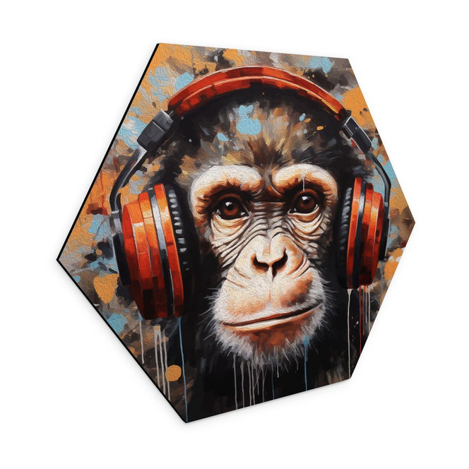 Hexagon Wandbild DJ Affe mit Kopfhörer - Magnusson - Alu-Dibond