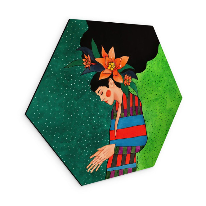 Hexagon Wandbild Frau im Streifenkleid mit orangen Blüten - Hülya - Alu-Dibond