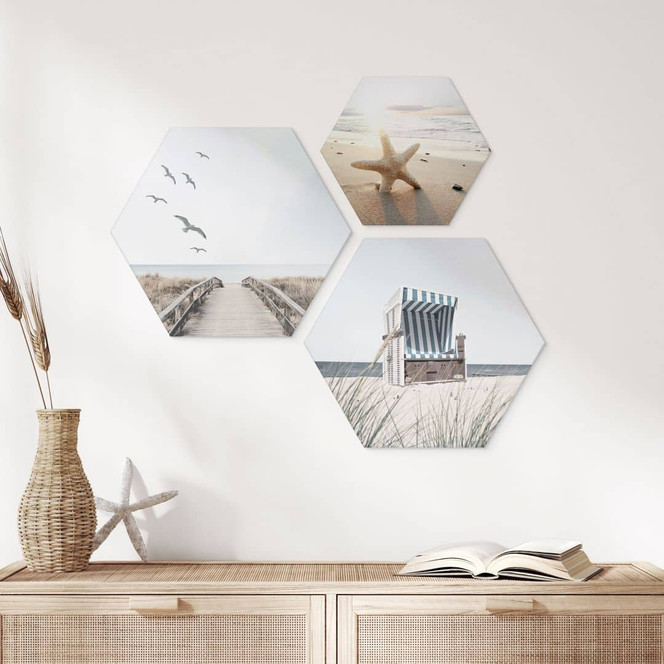 Hexagon Wandbild Strand und Meer Set (3-teilig) - Alu-Dibond