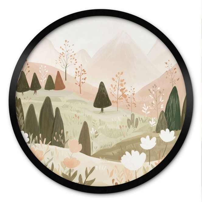 Poster Pastell Berglandschaft mit Blumen - Treechild - Rund