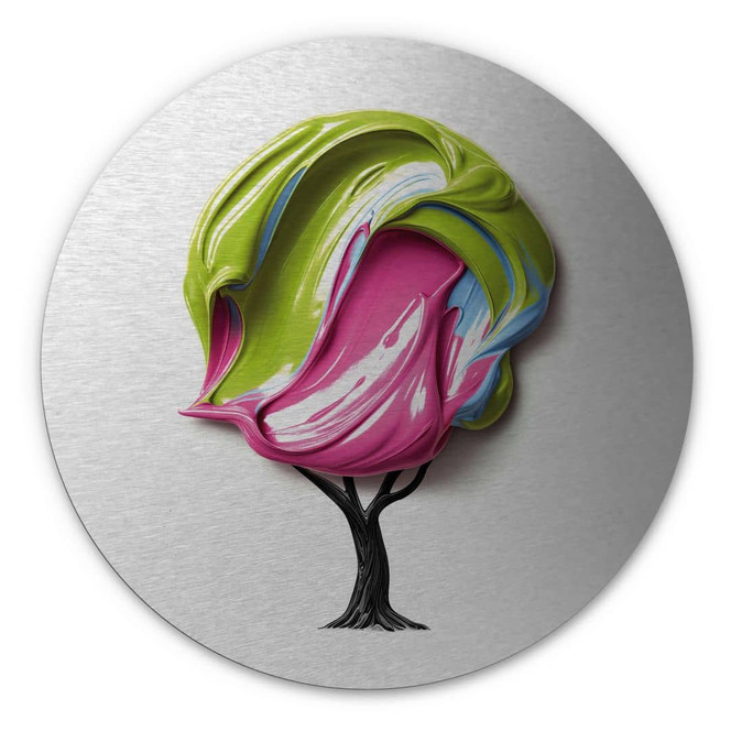 Wandbild mit Silbereffekt Baum mit bunter 3D-Krone - Mielu - Alu-Dibond Rund