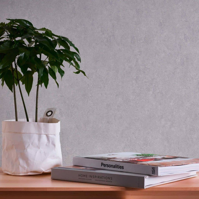 Einfarbige Vliestapete Grau Silber - Metallic-Unitapete glänzend - Tapete Putzoptik