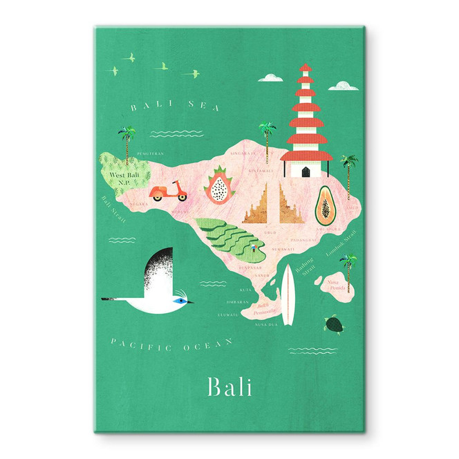 Glasbild Karte von Bali - Rivers
