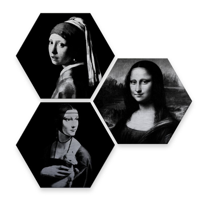 Hexagon - Alu-Dibond-Silbereffekt - Berühmte Frauen der Kunstgeschichte (3er Set)