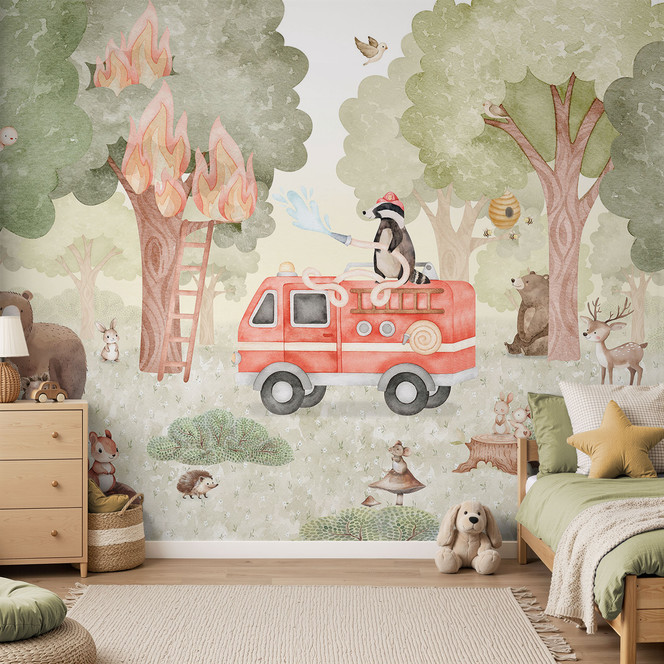 Kinderzimmer Fototapete Tier-Feuerwehr im Wald - Oliver Robins