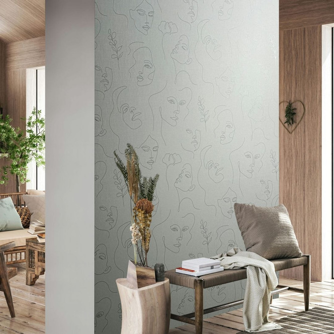 Vliestapete mit gezeichneten Gesichtern grau, beige Textiloptik