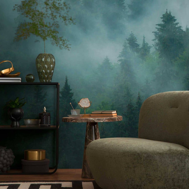 3D-Fototapete Wald Grün - Vliestapete mit Nebelmotiv für Wohnzimmer & Schlafzimmer