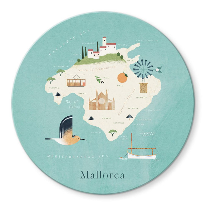 Glasbild Karte von Mallorca Rund - Rivers