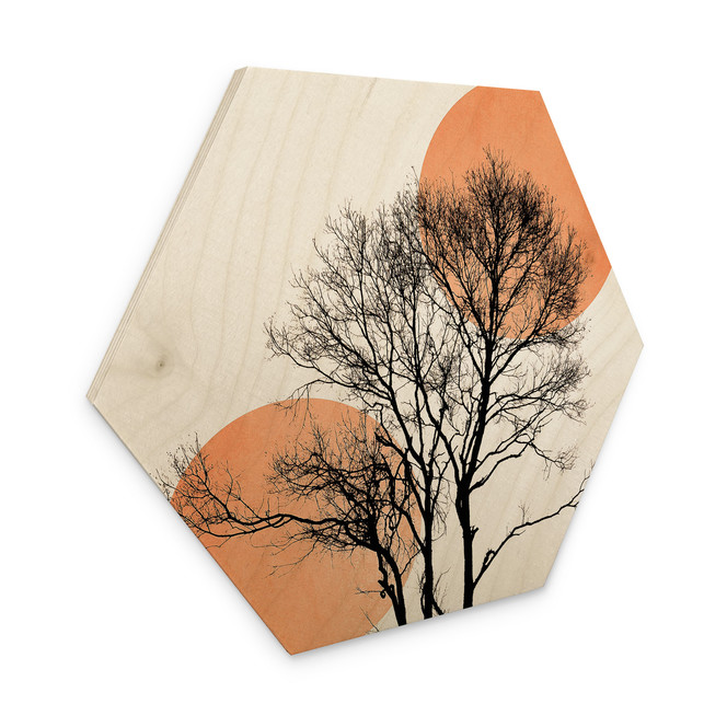 Hexagon Holzbild Sonne und Mond in Orange - Kubistika