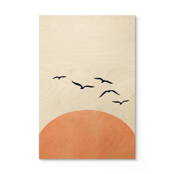 Holzbild Vogelschwarm im Sonnenuntergang - Kubistika